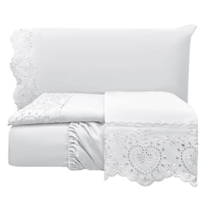 Jogo Cama Lençol Detail Casal Padrão Bordado Guipir Bordado Inglês Percal 300 Fios 4 Peças - Branco