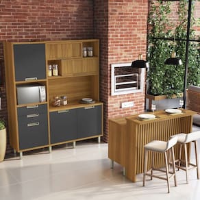 Cozinha Compacta Loft Imperatriz 7 Portas 6 Gavetas com Ilha Gourmet Ripado 100% Mdf Freijó/Grafite - Nesher
