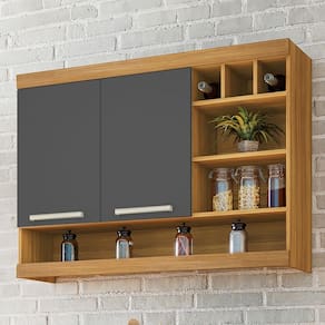 Armário Aéreo Cozinha 120 Cm Burguesa Premium 2 Portas 100% Mdf Amadeirado Freijó/Grafite - Nesher