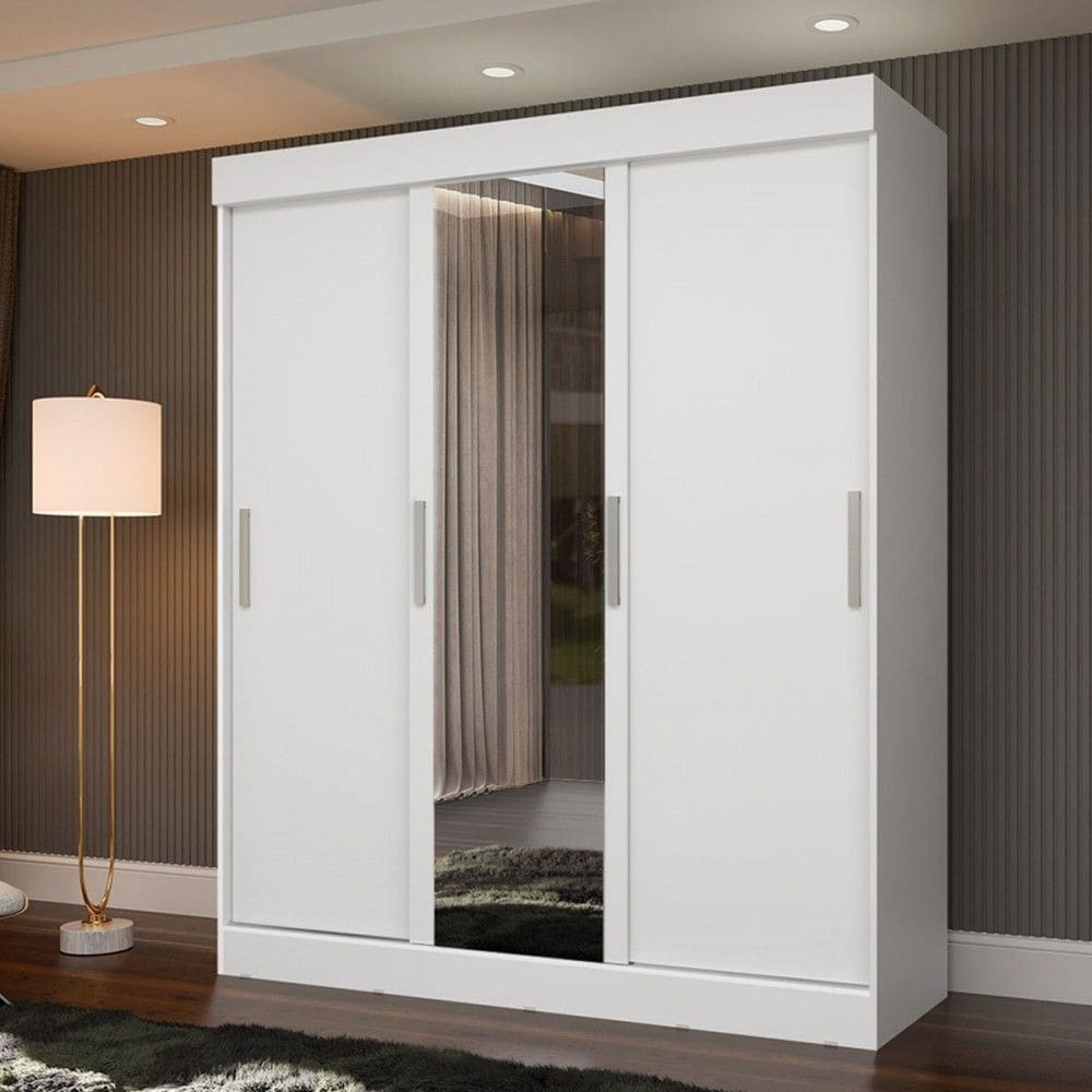 Guarda-Roupa Casal Paris 3 Portas 2 Gavetas com Espelho Branco - J&a Móveis
