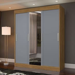 Guarda-Roupa Casal Paris 3 Portas 2 Gavetas com Espelho Flex Natural/Cinza - J&a Móveis