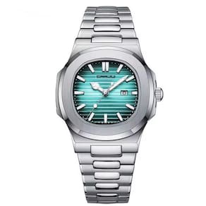 Relogio Analógico Masculino Quadrado Luminoso Em Aço Inoxidável Impermeavel Azul Claro