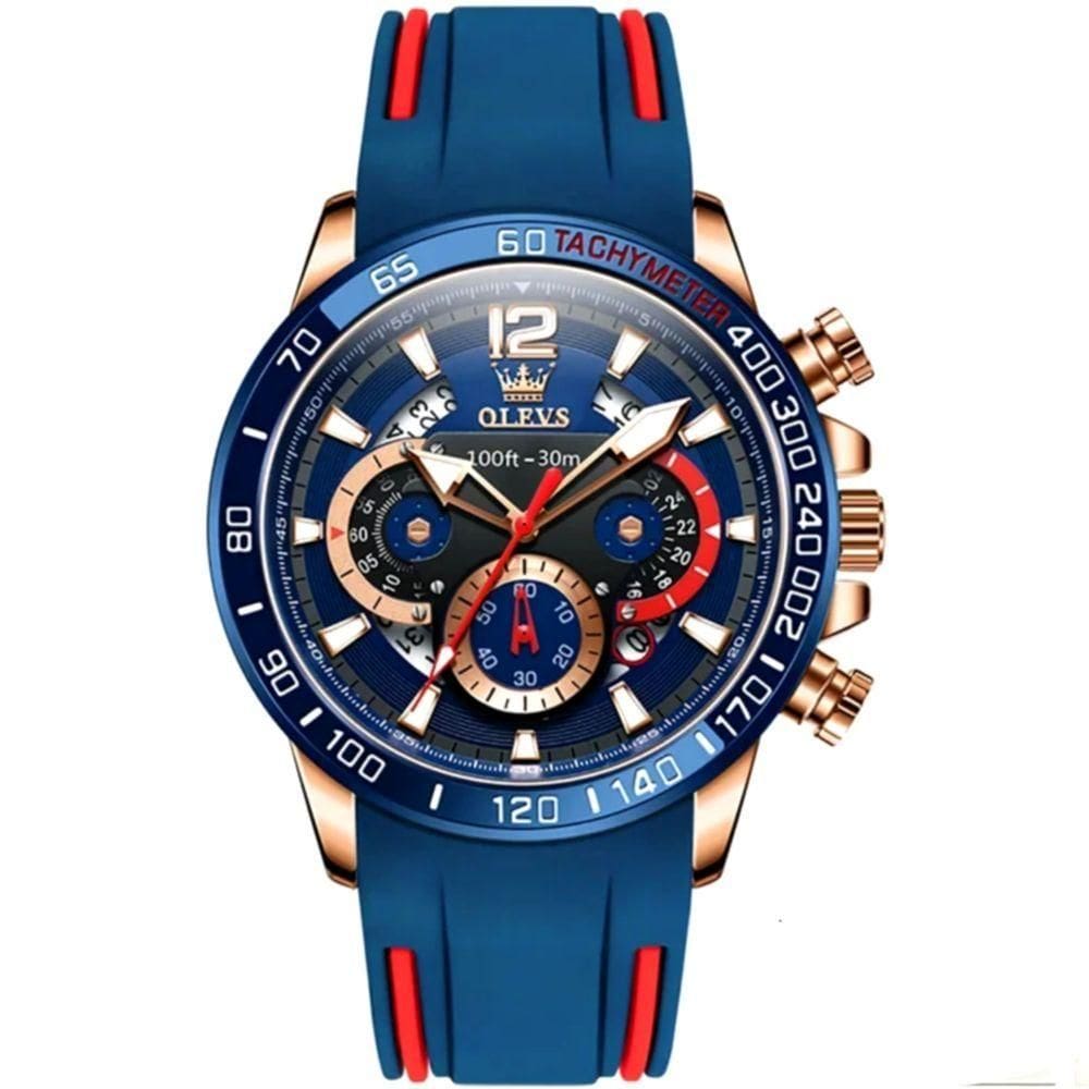 Relógio Quartzo Impermeável Masculino Esportivo Casual Pulseira De Borracha Azul Dourado