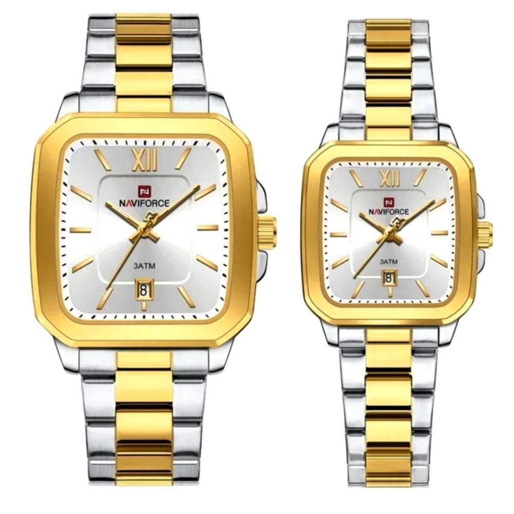 Conjunto De Relógio Casual Simples Quartzo Design Tonneau Impermeavel Casal Prata Dourado