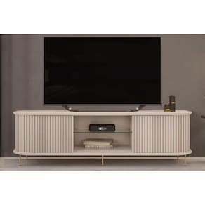 Rack Bancada P/tv Até 75 Pol Atlas 100% Mdf C/ Ripado E Pés 218x62cm Off White - Dj Móveis
