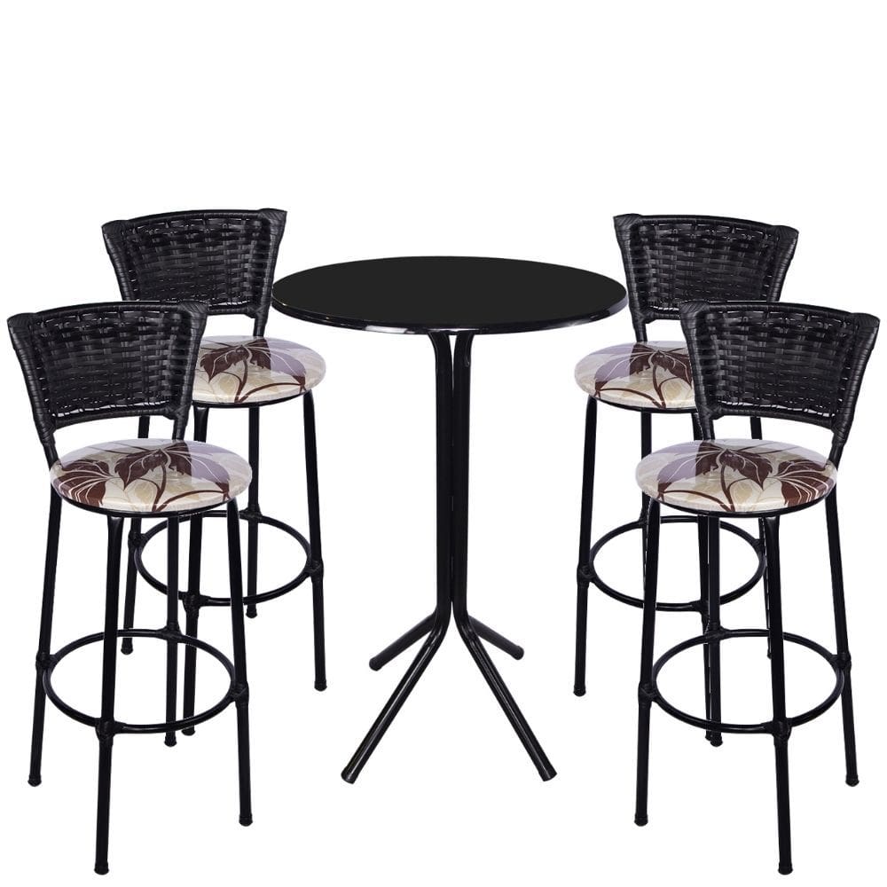 Jogo de 4 Banquetas Preta Junco Preto Assento Floral Marrom com Bistro Preto