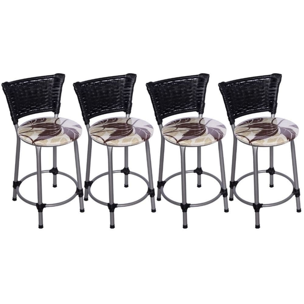 Kit 4 Banquetas Baixas Prata com Encosto Junco Preto Assento Floral Marrom