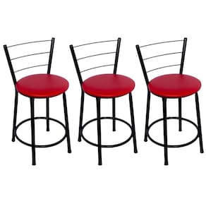 Kit 3 Banquetas Baixas Preta com Encosto Assento Vermelho