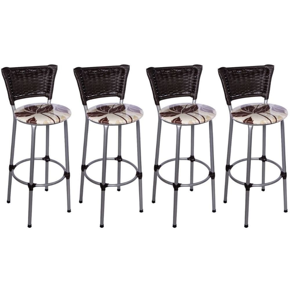 Kit 4 Banquetas Altas Prata com Encosto Junco Argila Assento Floral Marrom