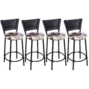 Kit 4 Banquetas Médias Preta com Encosto Junco Preto Assento Floral Marrom
