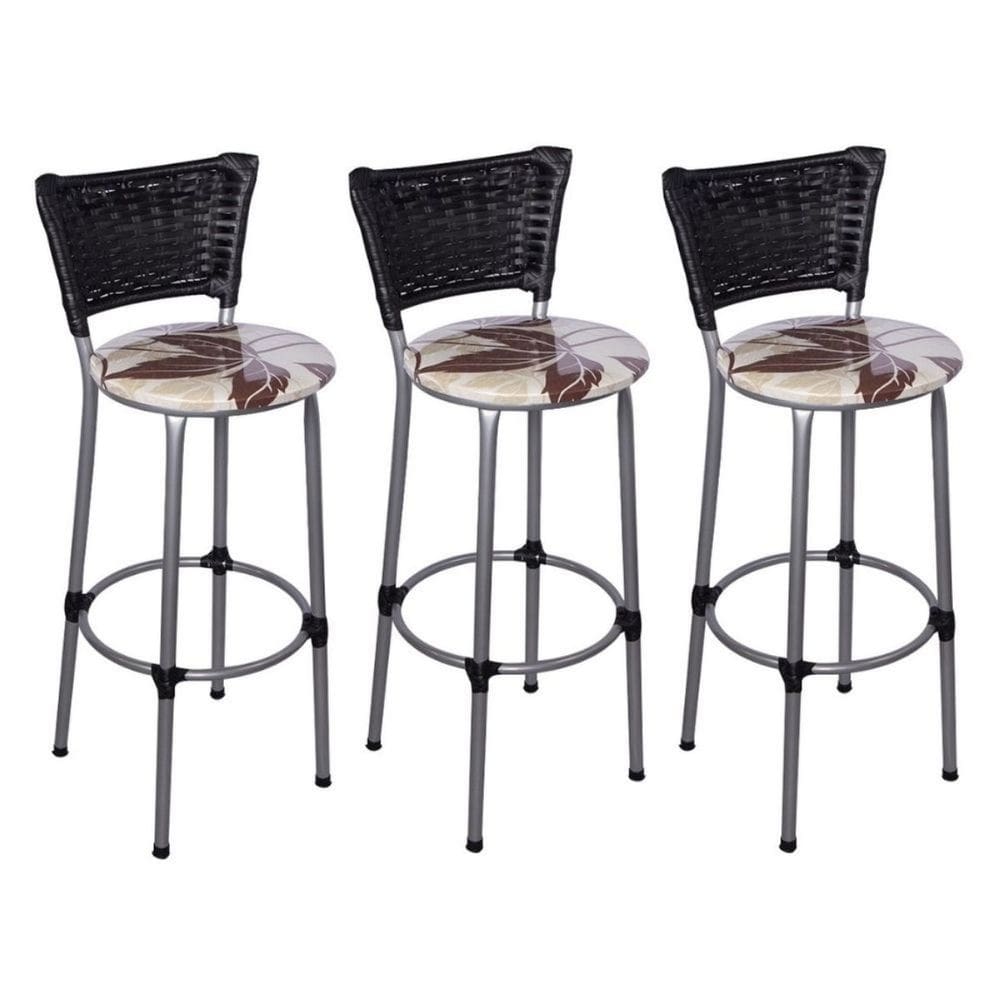 Kit 3 Banquetas Altas Prata com Encosto Junco Preto Assento Floral Marrom