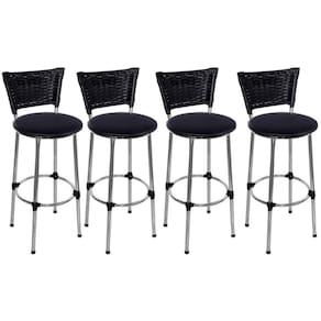 Kit 4 Banquetas Altas Cromada com Encosto Junco Preto Assento Preto
