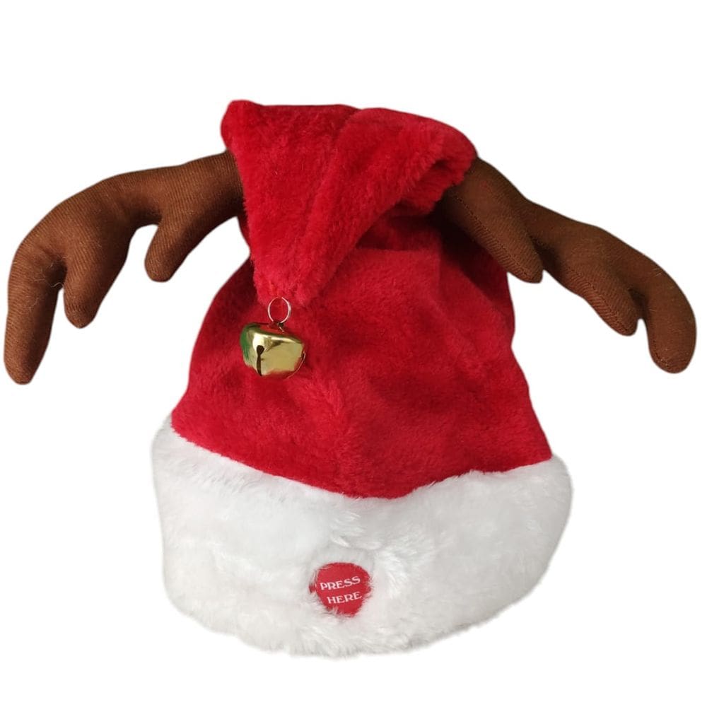 Gorro Natal Musical Movimenta Orelhas Rena Natalino Bone Chapeu Premium Toca Musica Fantasia Galhos De Alce