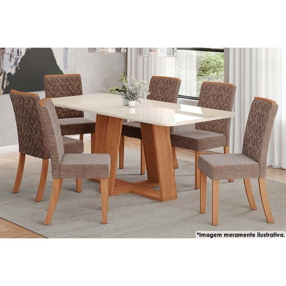 Sala De Jantar Lins com Tampo com Vidro Curvo 200x90cm E 6 Cadeiras Esther Nature cacao