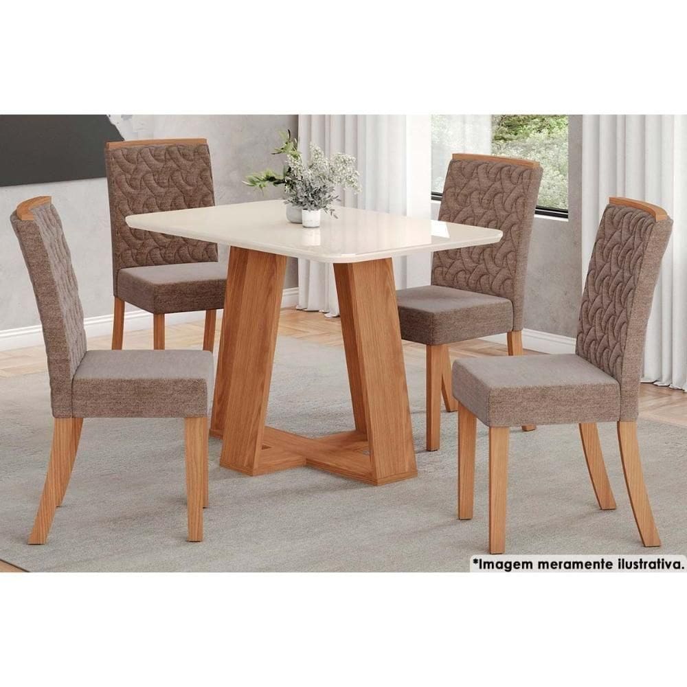 Sala De Jantar Lins com Tampo com Vidro Curvo 120x80cm E 4 Cadeiras Esther Nature cacao