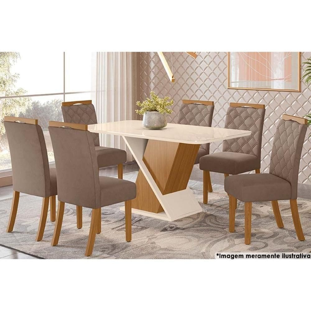 Sala De Jantar Tampo Curvo com Vidro 160x90cm E 6 Cadeiras Bella Nature marrom Amêndoa