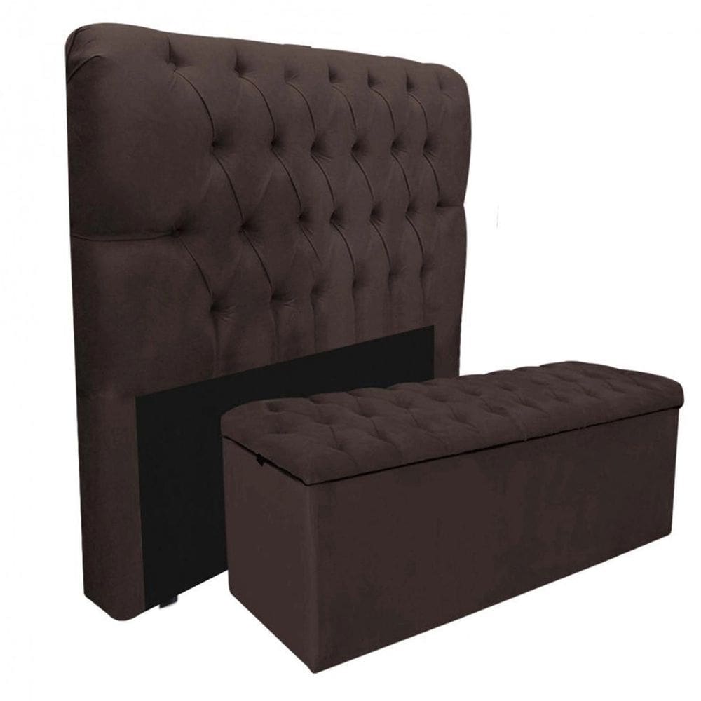 Kit Baú Recamier Mais Cabeceira Madrid Casal Suede Marrom