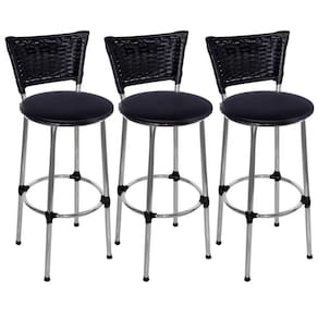 Kit 3 Banquetas Altas Cromada com Encosto Junco Preto Assento Preto