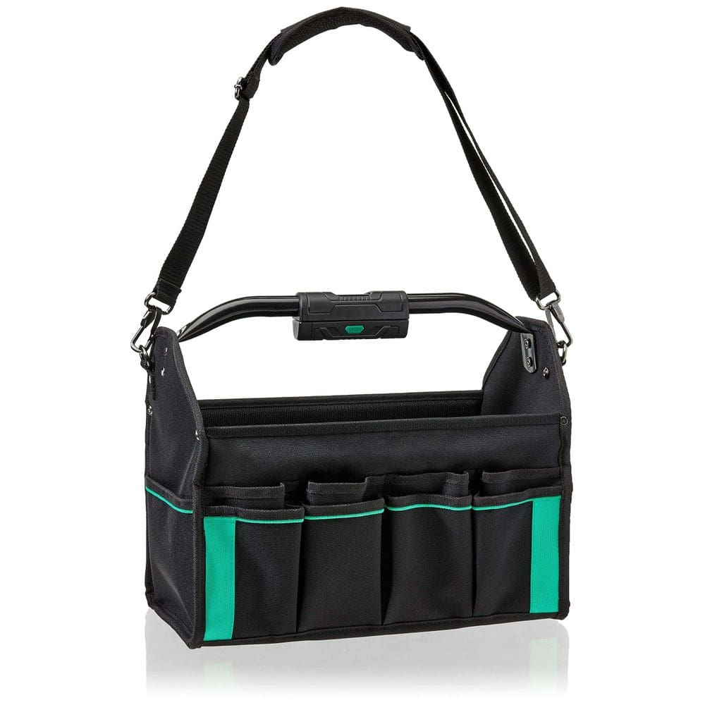 Bolsa de ferramentas Amazon Basics iluminada com alça de transporte de 30 bolsos