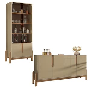Aparador Buffet 170 Com Cristaleira Lizz Pés Madeira Maciça Champagne/cedro