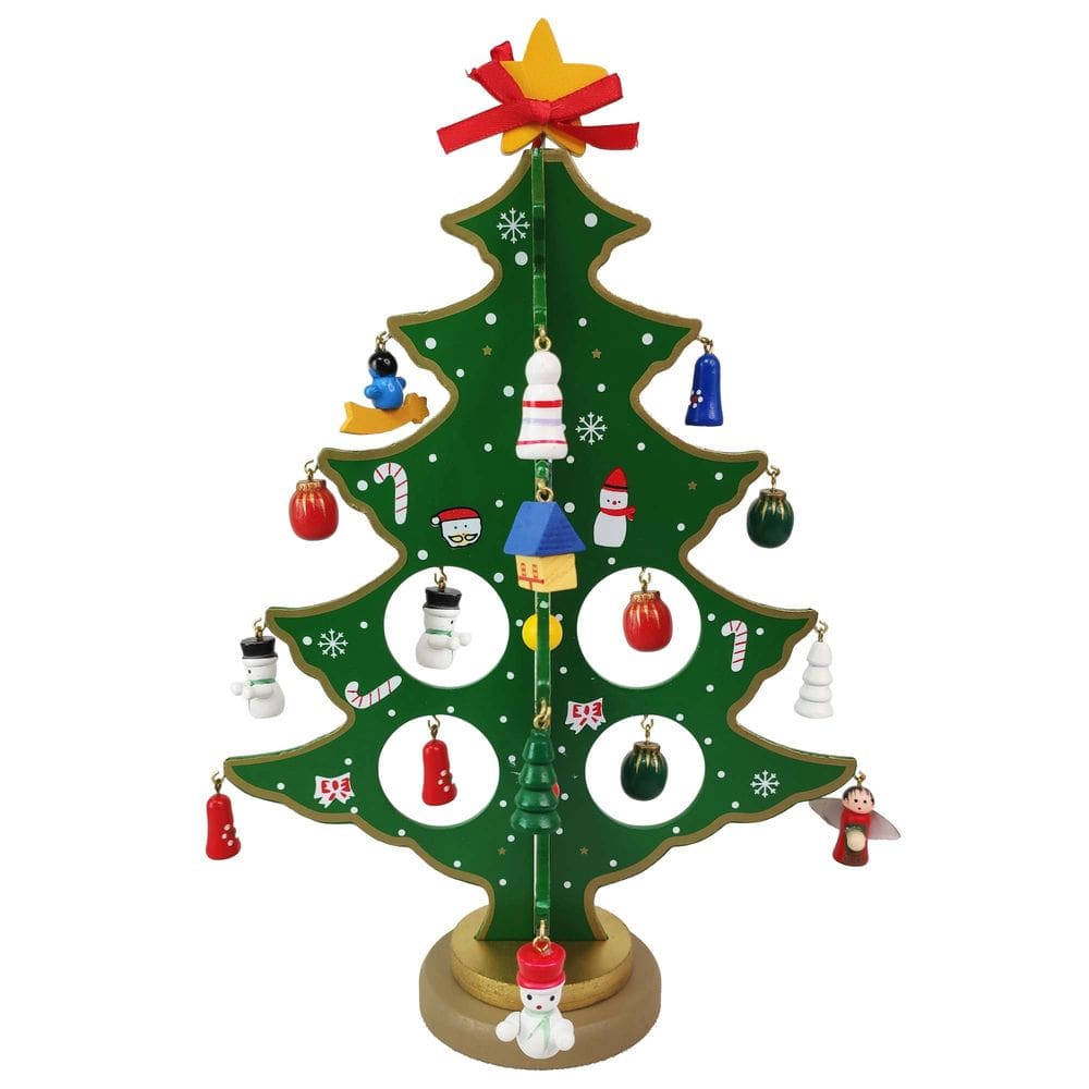 Mini Arvore de Natal Madeira com Enfeites Natalino Papai Noel Boneco de Neve Decoração Mesa Sala Casa Ornamentação Pinheiro Presentes