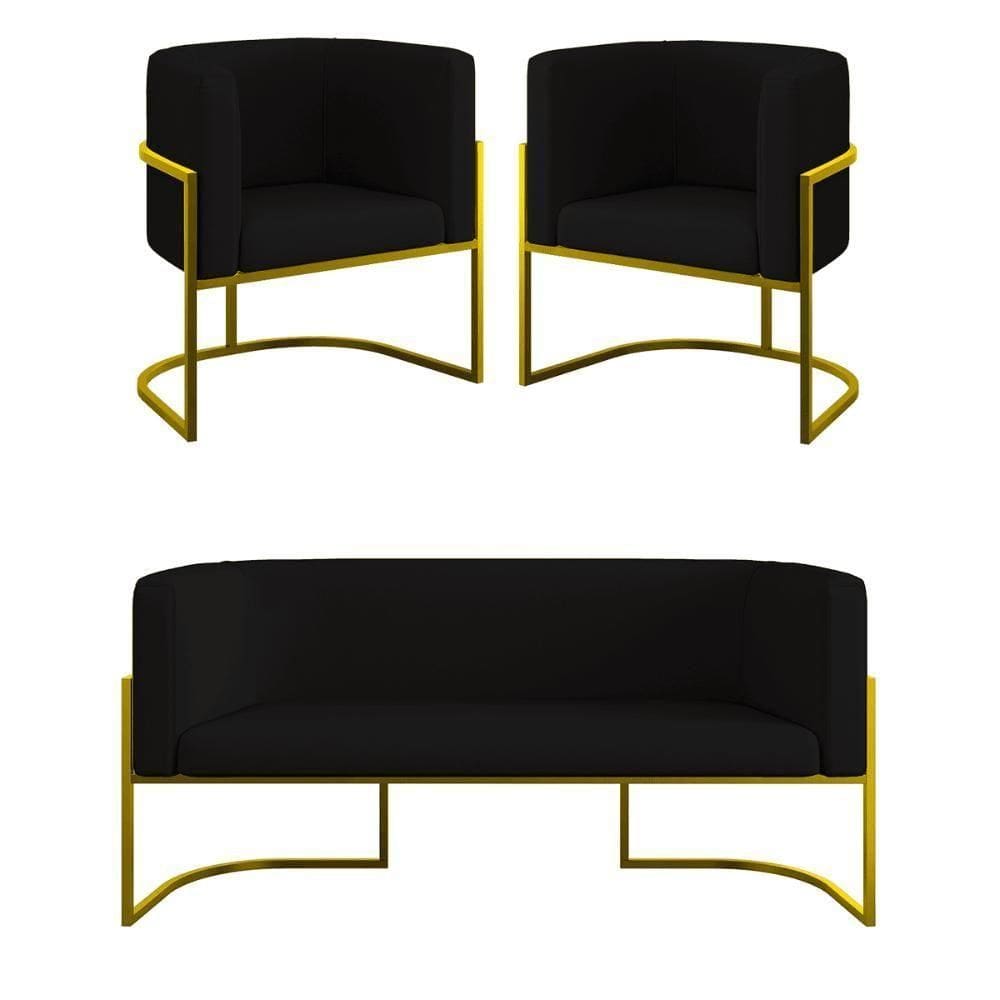 Kit Sofá 2 Lugares + 2 Poltronas Recepção Veludo Dourado Preto