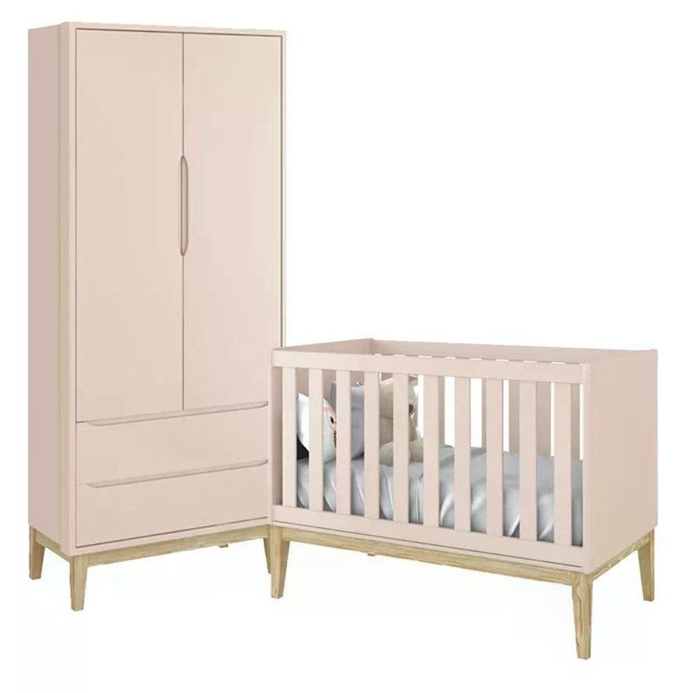 Jogo De Quarto Classic Guarda Roupa 2 Portas E Berço Rosa Fosco Com Pés Madeira Natural - Reller Móveis Rosa Fosco