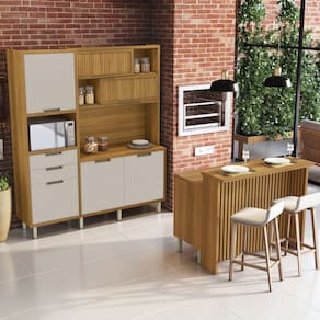 Cozinha Compacta Loft Imperatriz 7 Portas 6 Gavetas com Ilha Gourmet Ripado 100% Mdf Freijó/Off White - Nesher