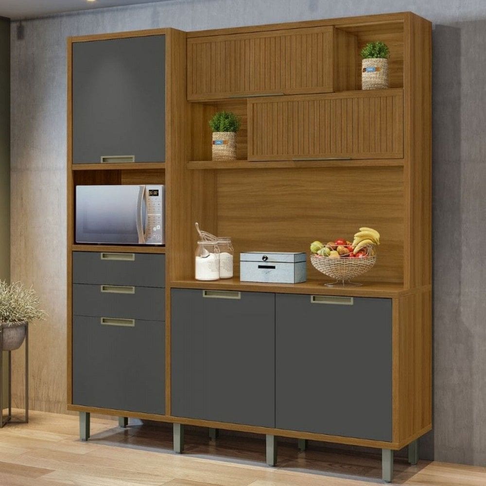 Cozinha Compacta Loft Imperatriz 6 Portas 2 Gavetas Ripado 100% Mdf Amadeirado Freijó/Grafite - Nesher