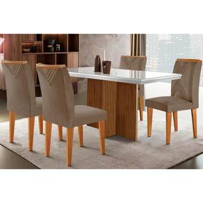 Sala de Jantar Completa Berlim c/ Tampo Madeirado Vidro Canto Curvo 120x80cm e 4 Cadeiras Amsterdã Imbuia/Off White - Suede Capuccino - Rufato