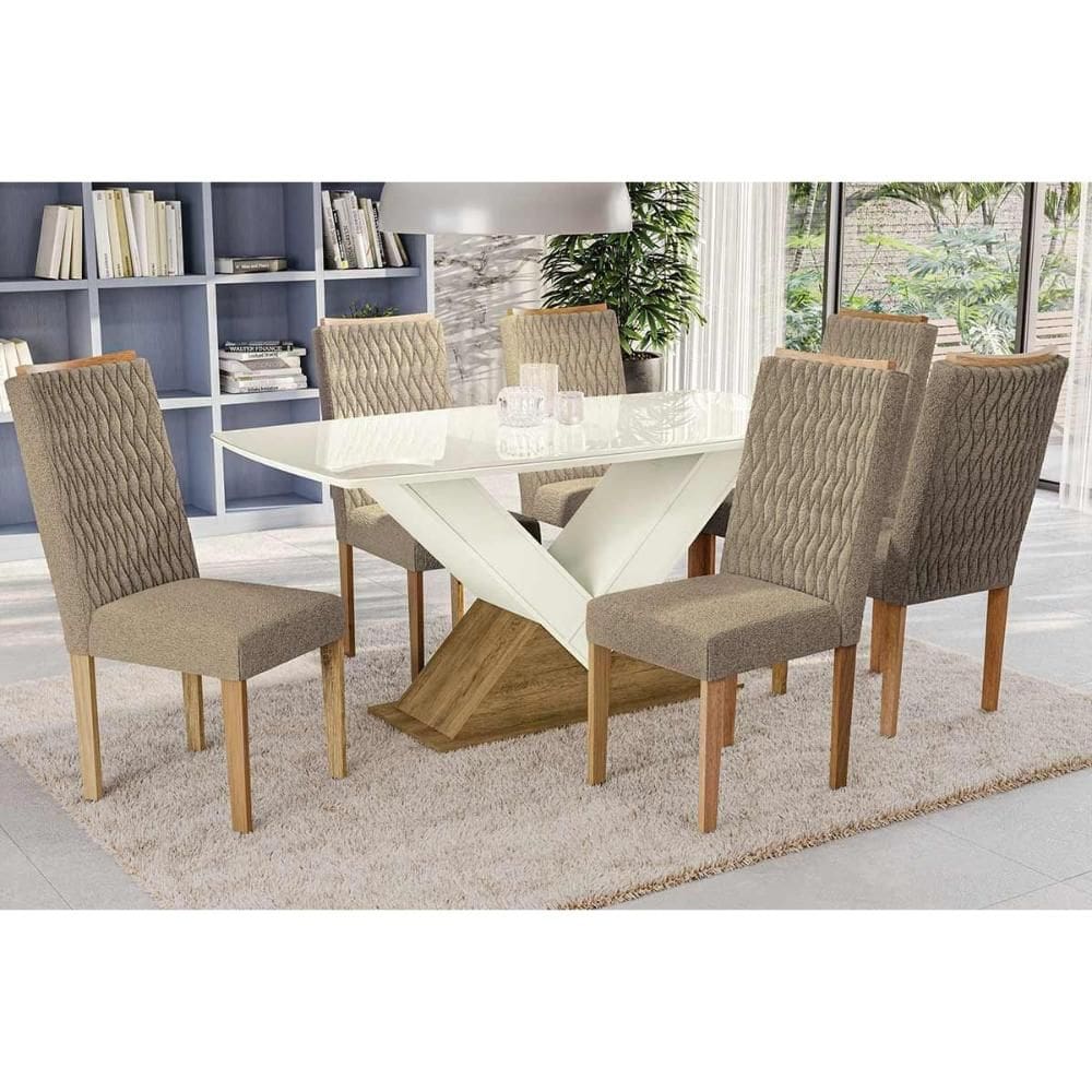 Sala de Jantar Completa Amora Tampo Madeirado c/ Vidro 90x170cm e 6 Cadeiras 2CAD157 Freijo/Off White/Vidro Off White - Eucalipto/V - Kappesberg