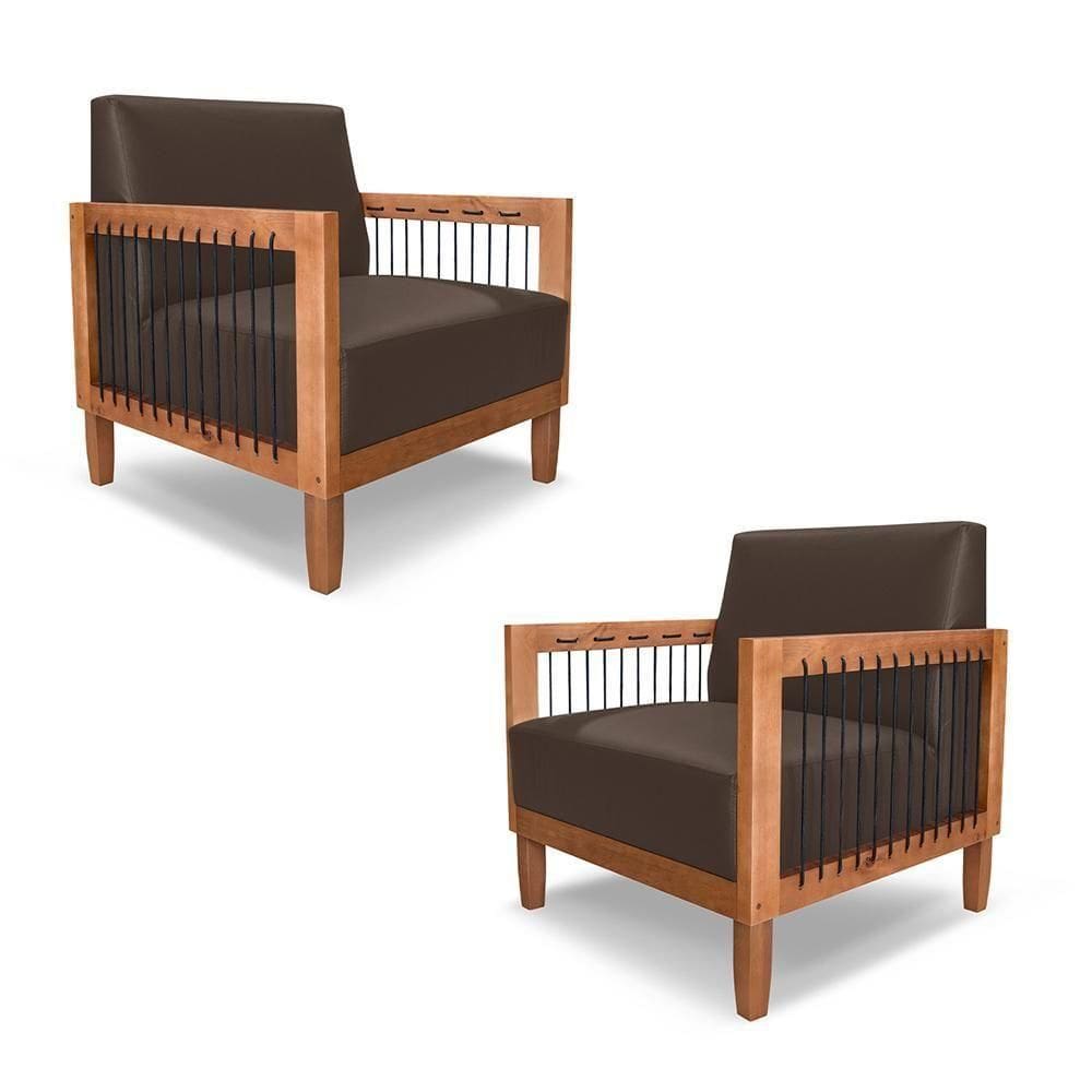 Kit 2 Poltronas Sala De Estar Pés Madeira Maciça Corda Náutica Preta 75cm Manila Pu Marrom