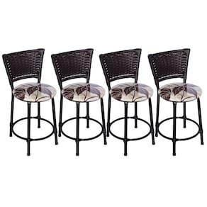 Kit 4 Banquetas Baixas Preta com Encosto Junco Argila Assento Floral Marrom