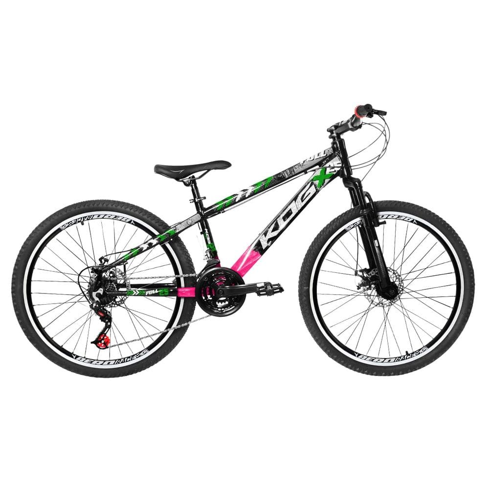 Bicicleta Freeride Aro 26 Flay KOG 18v Freio a Disco Suspensão Dianteira Preto Rosa Verde