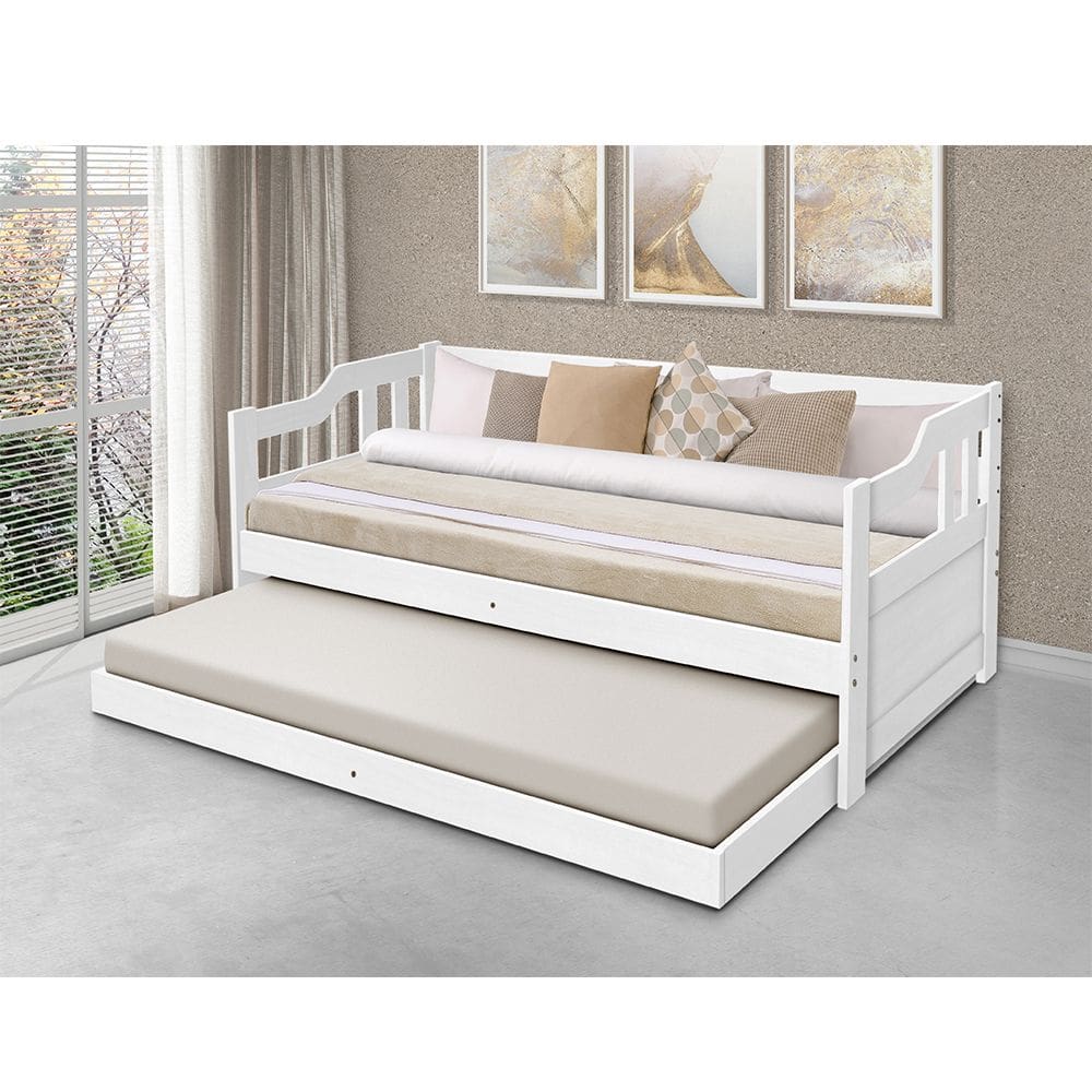 Sofa Cama Solteiro de Madeira com Braços e 2 Colchões - Branco