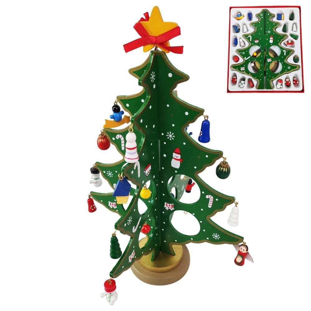 Mini Arvore de Natal 3D Madeira com Enfeites Natalino Papai Noel Boneco de Neve Casa Ornamentação Pinheiro Decoração Mesa Sala Presentes
