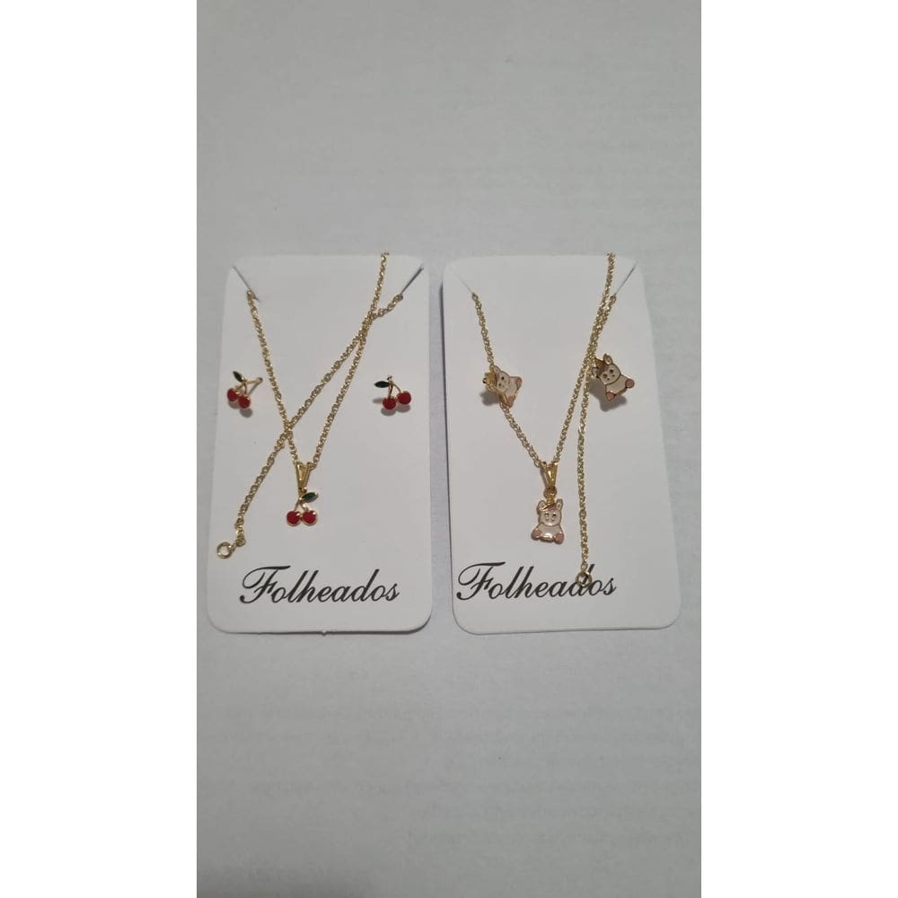 Kits Infantis Unicórnio cerejinha colar brincos Folheado 18K