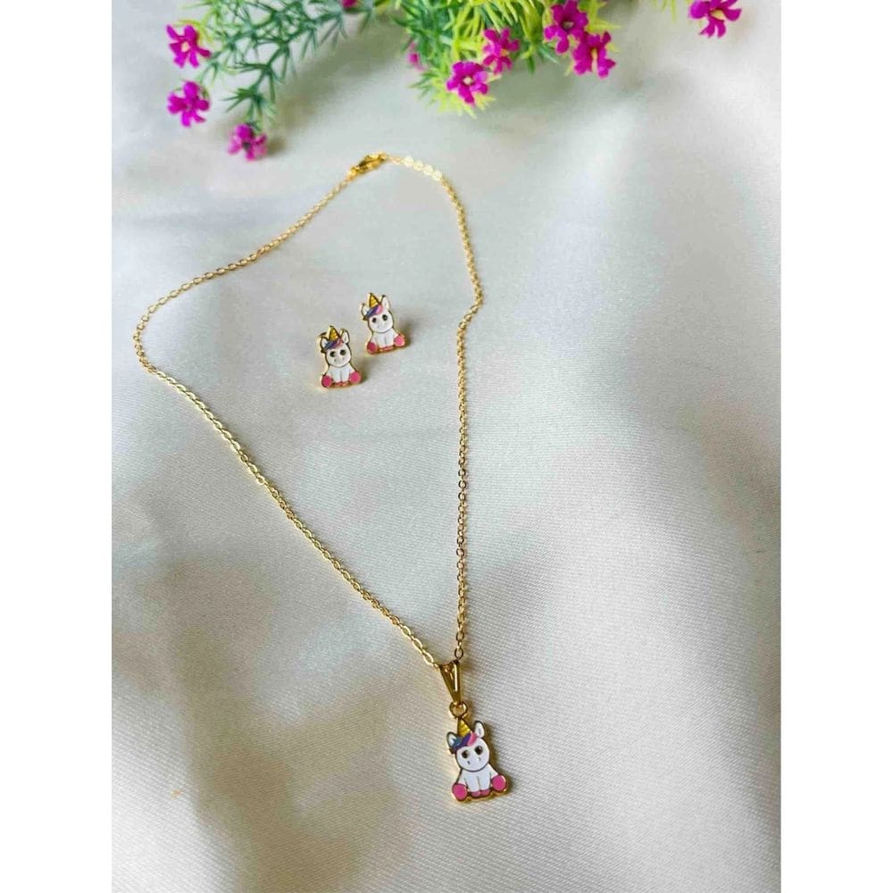 Kit Infantil Unicórnio colar e brincos Folheado a Ouro 18K