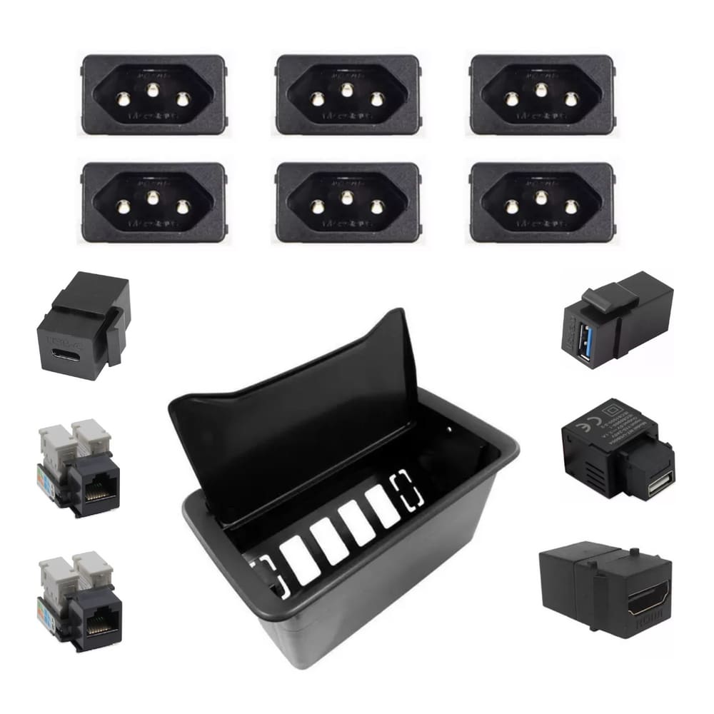 Caixa Embutir Mesa Móveis New 6 Slim Completa 6 Tomadas 3 USB 1 HDMI 2 RJ45 Cor Preta