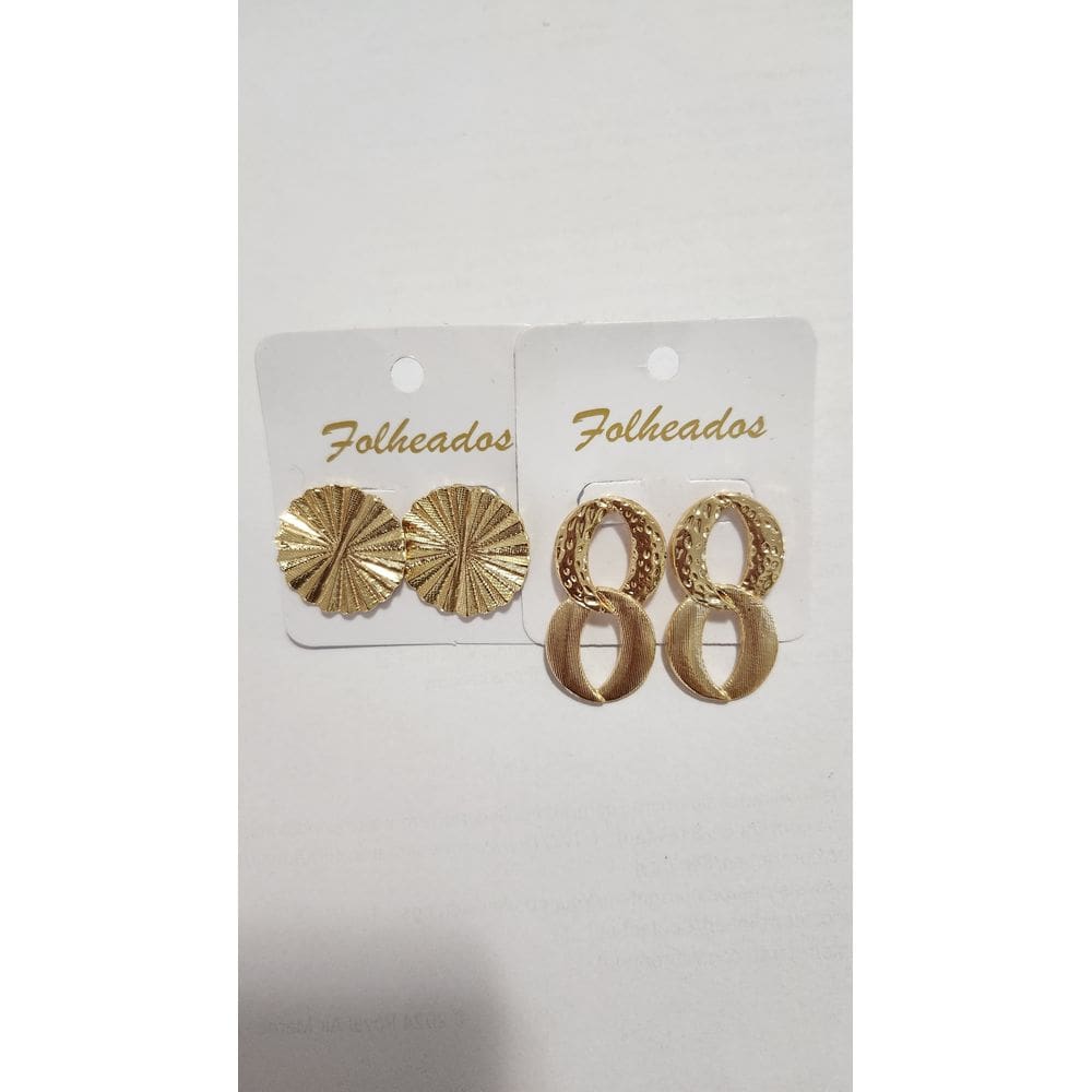 2 Pares Brincos Dourado Leque Circular Oito Estilizado 18K