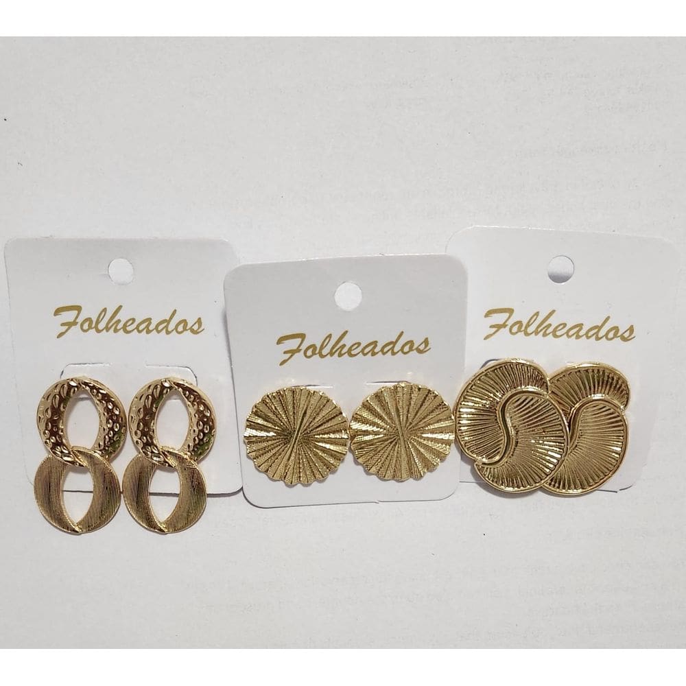 3 Pares Brincos Dourado Leque caracol e oito estilizado 18K