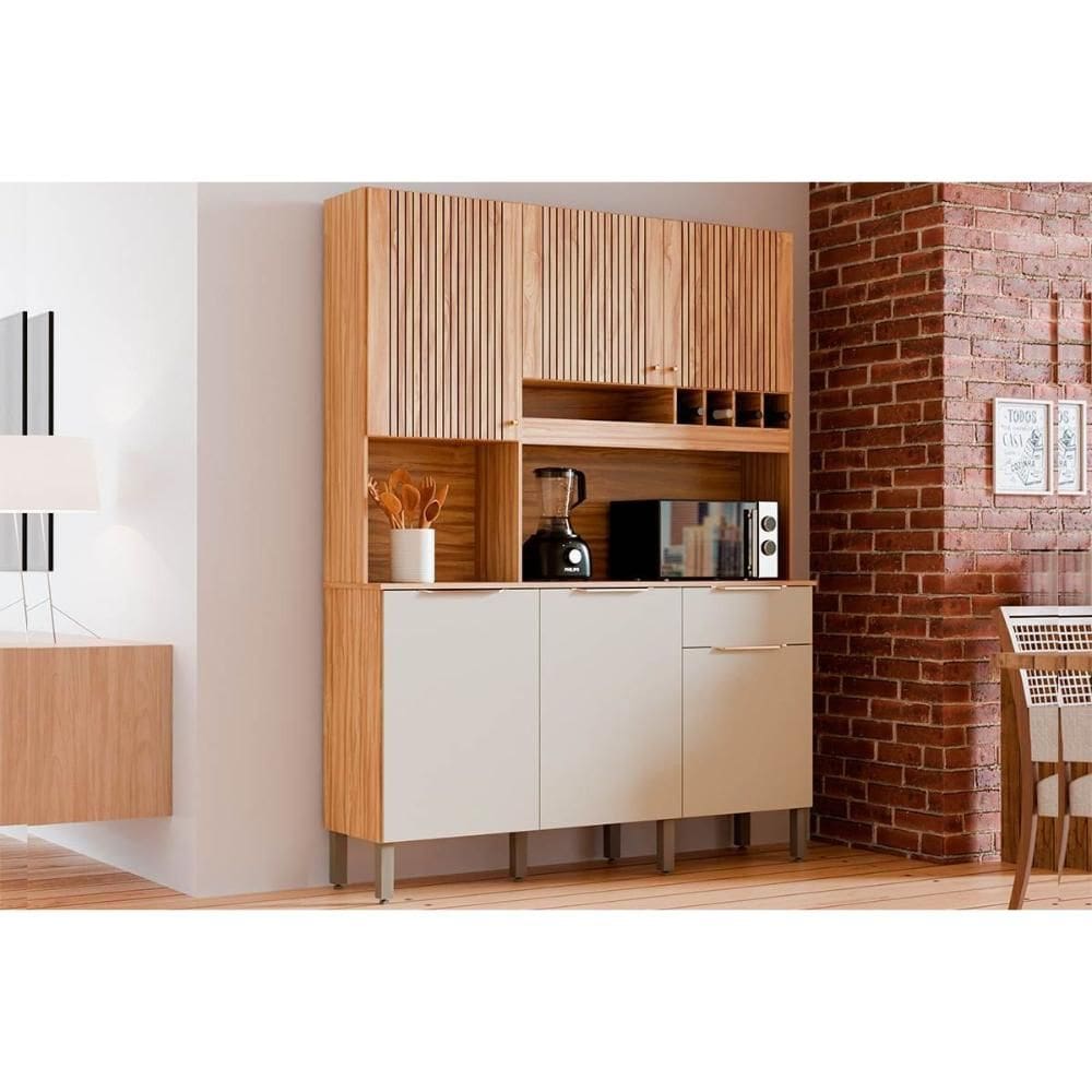 Kit de Cozinha Compacta Moscato 6 Portas e 1 Gaveta 197x151cm Amendoa/Off White - Ronipa