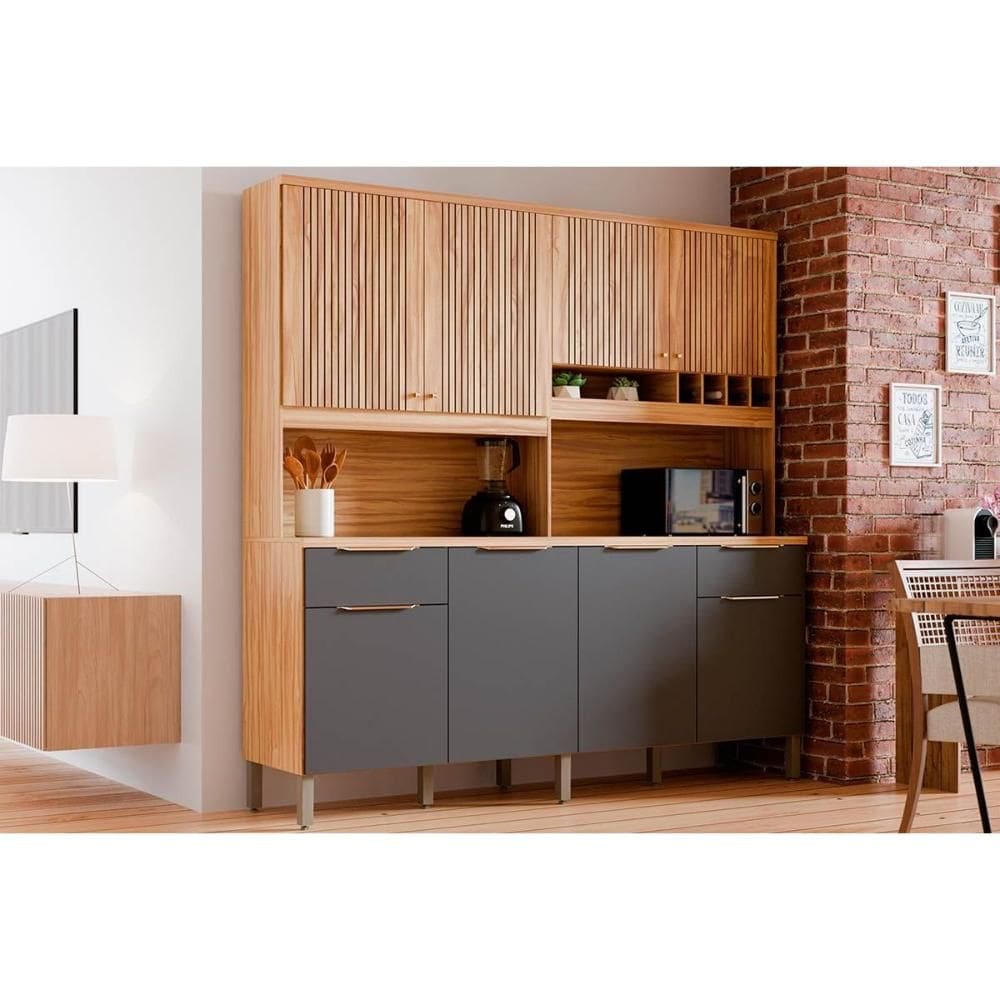 Cozinha Compacta Kit Concord c/ 8 Portas e 2 Gavetas 200x206cm Amendoa/Grafite - Ronipa