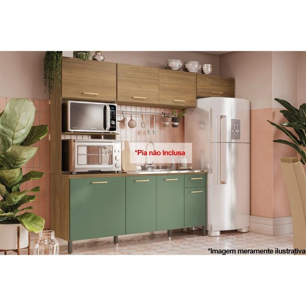 Kit Cozinha Modulada 4 Peças L780A (2Aéreo+1Balcão+1Paneleiro) s/ Tampo Nogueira/Verde - Kappesberg