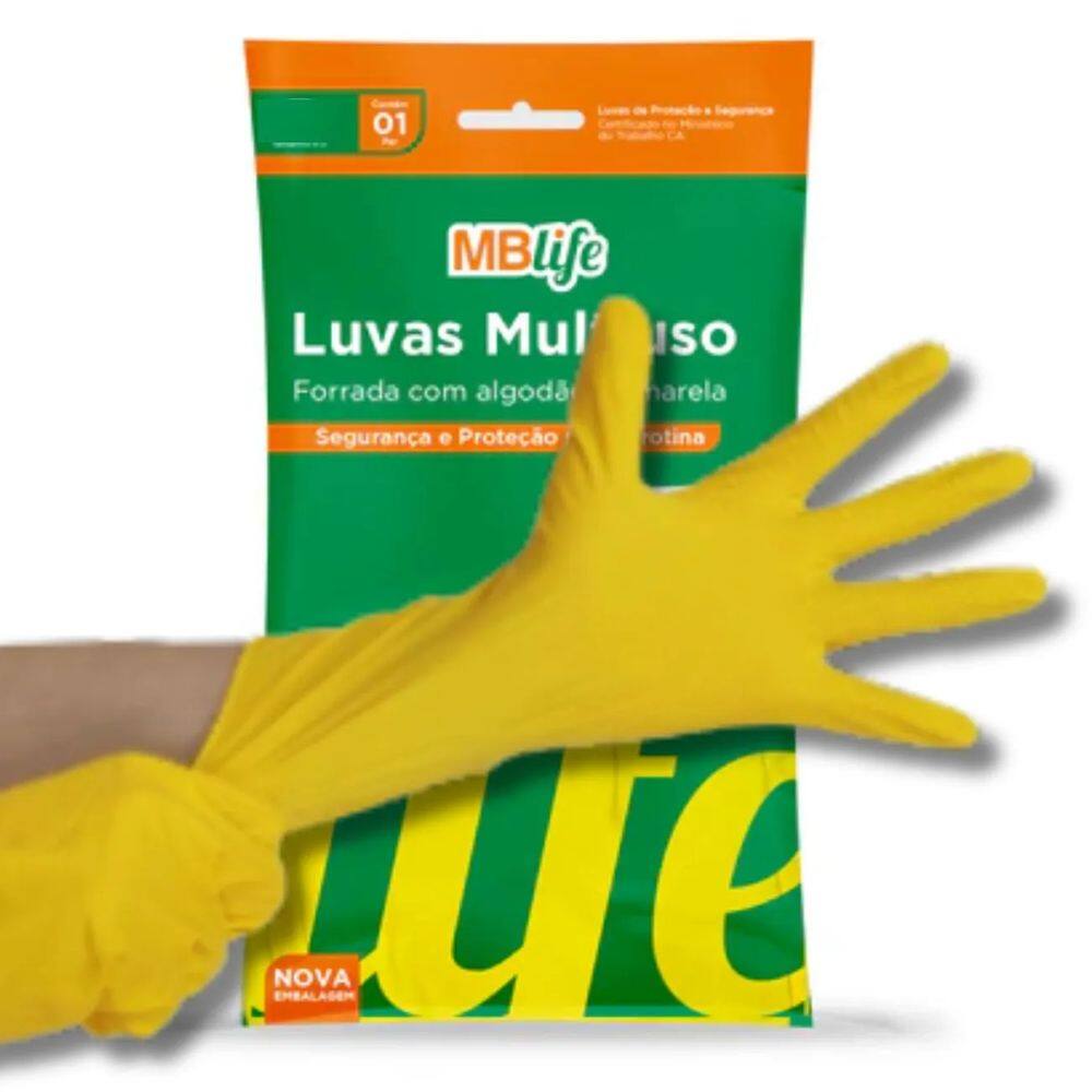 Luva Resistente Multiuso Limpeza Amarela G Mblife 12 Pares