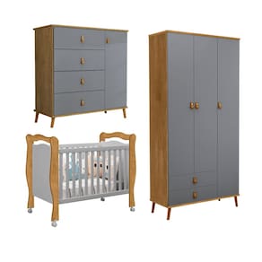 Conjunto Comoda e Guarda Roupa Jujuba Berço Alvin em Mdf Nature / Cinza