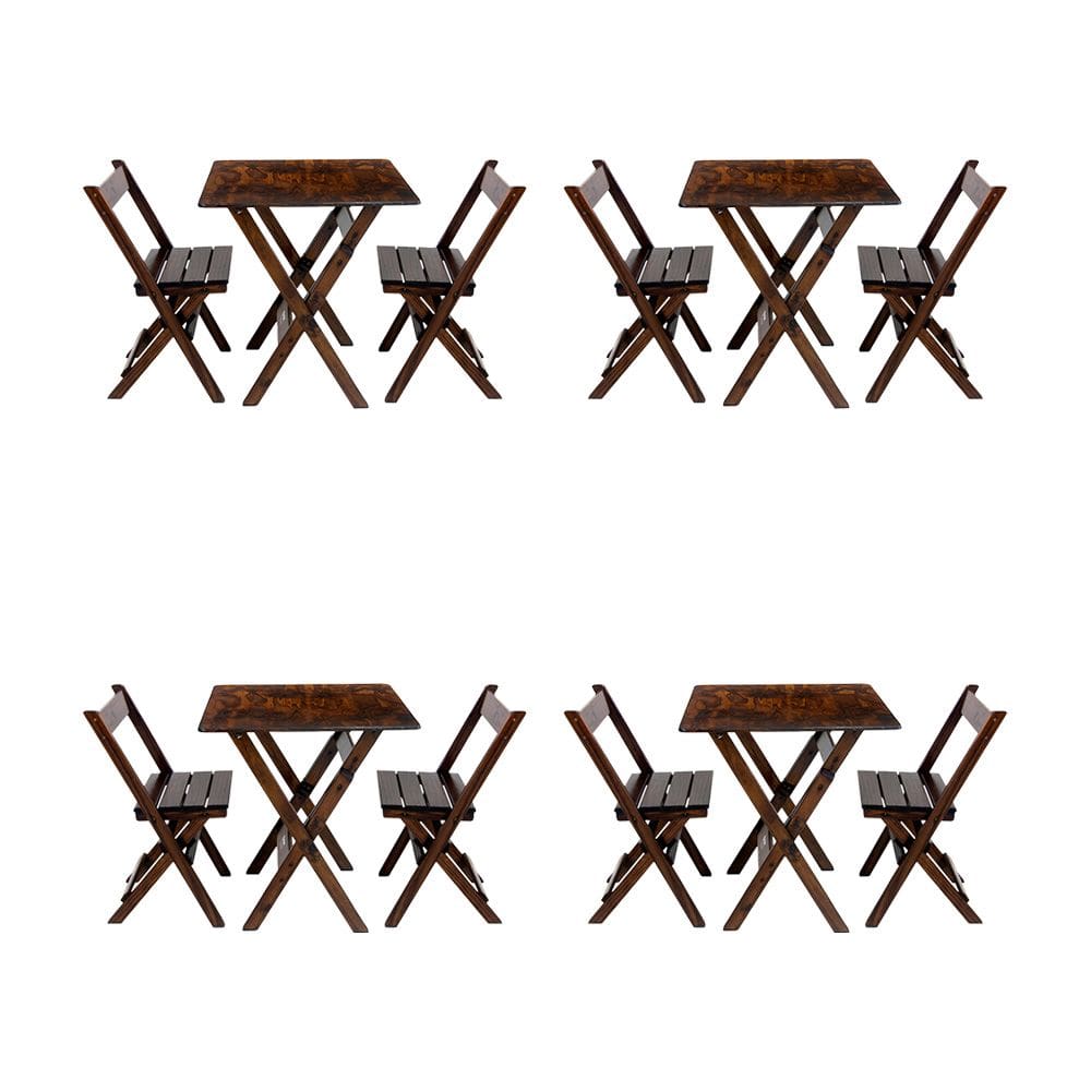 Kit 4 Conjuntos Mesa Dobrável Para Bar E Restaurante 60x60cm Com 2 Cadeiras Em Madeira Maciça - Imbu