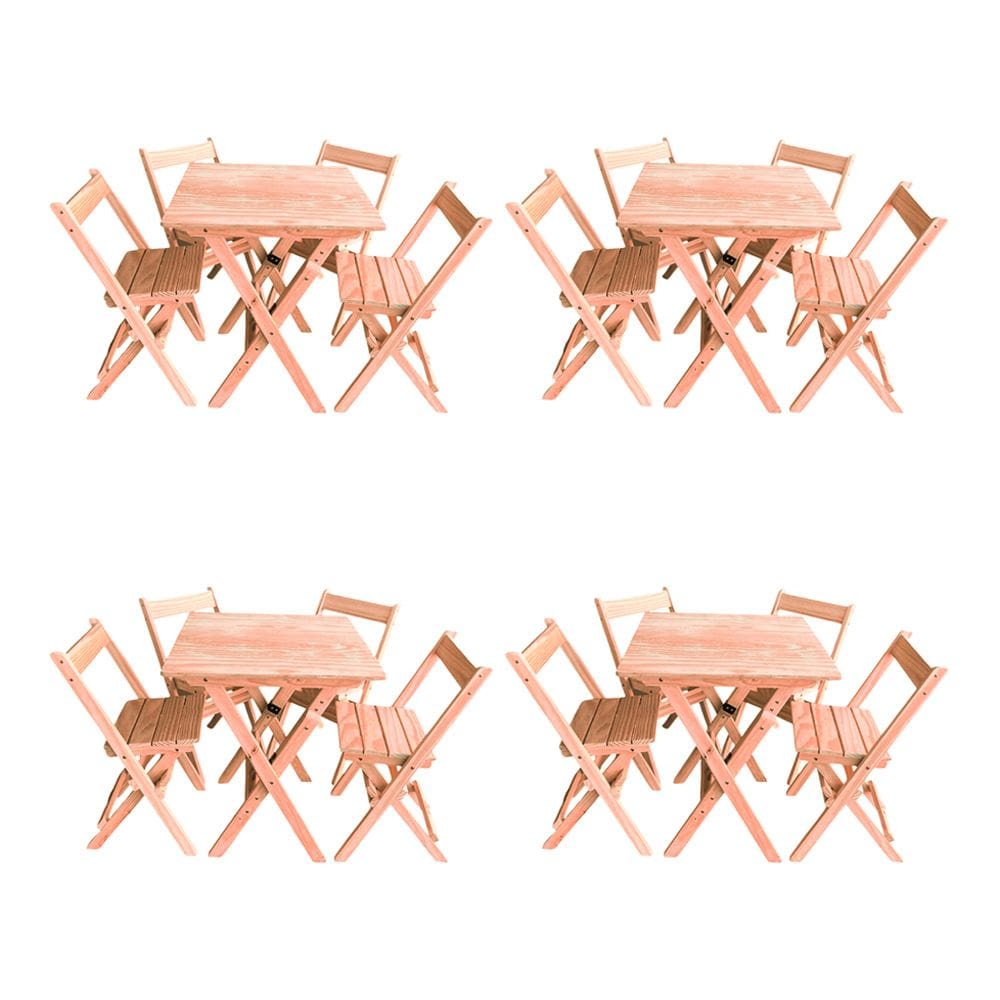 Kit 4 Conjuntos Mesa Dobrável 70x70cm Para Bar Com 4 Cadeiras Em Madeira Maciça - Cru