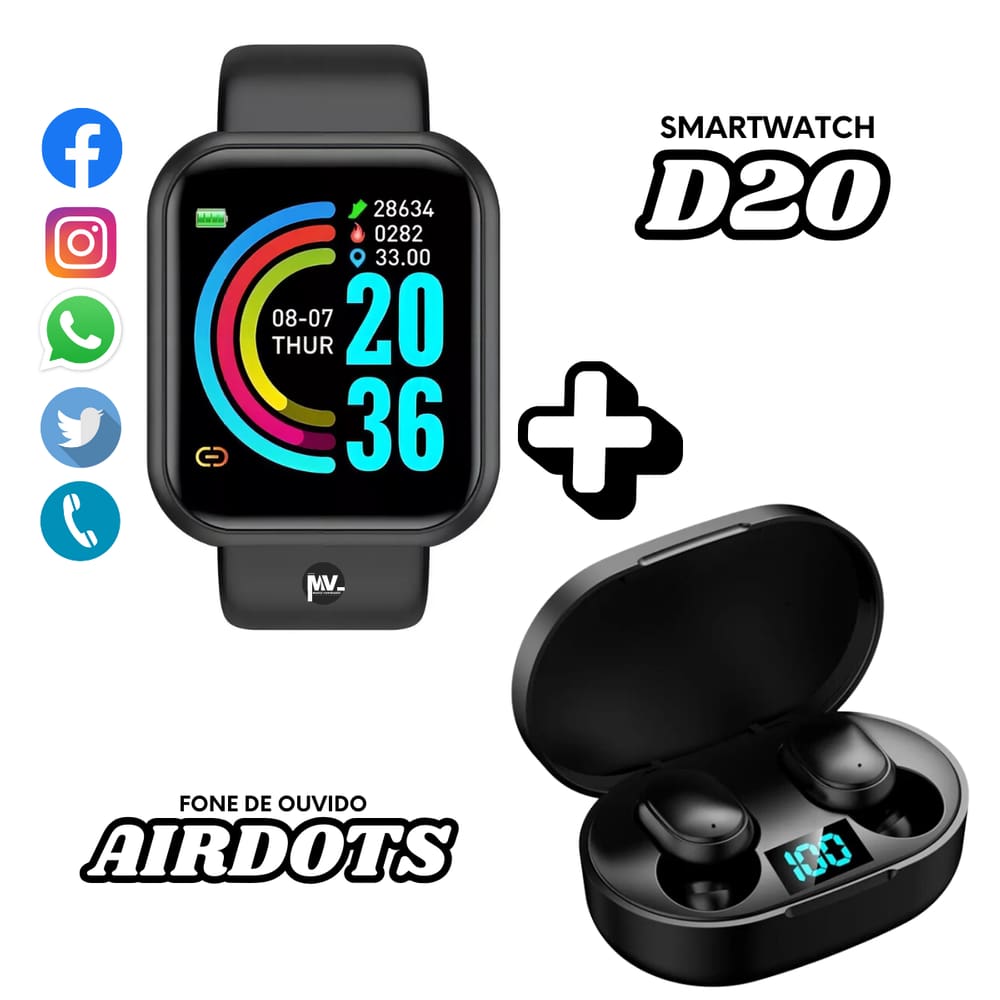 Relógio Inteligente D20 Smartwatch Fit Pro Y68 + Fone Bluetooth
