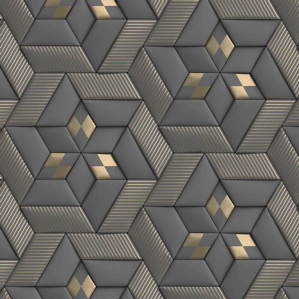 Papel De Parede 3D Cinza E Dourado Geometrico Autocolante